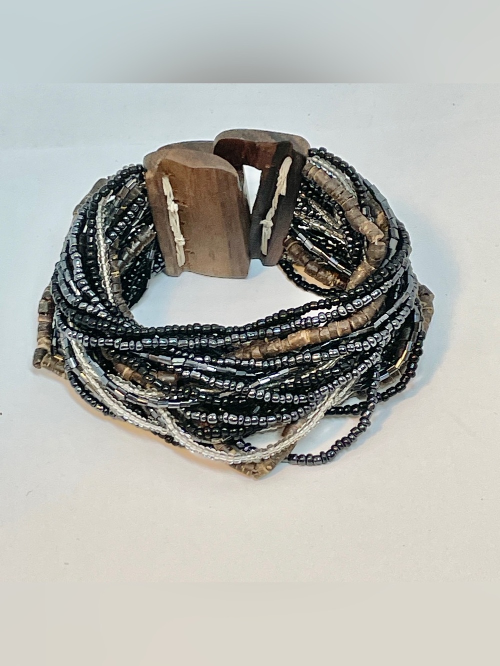 Wide Beaded Cuff Bracelet Brown Black Clear Seed Bead Heishi shells Wood Clasp